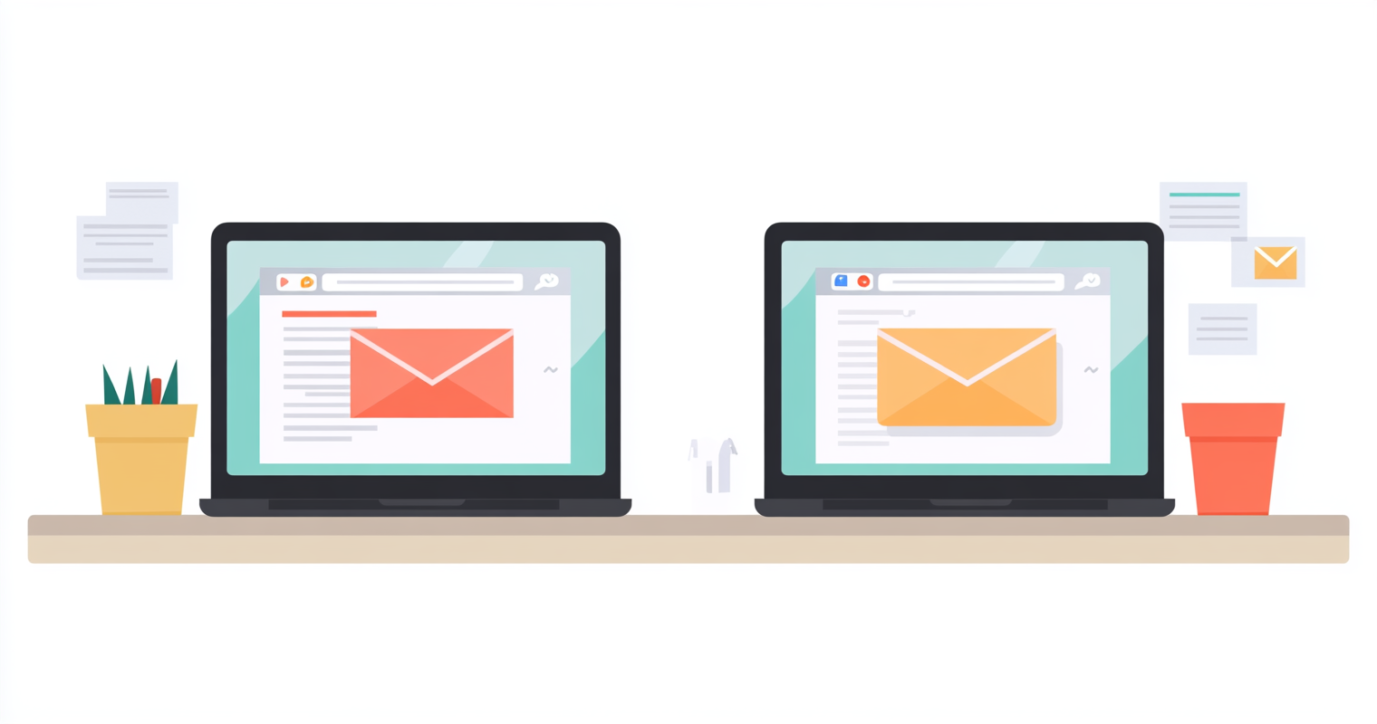 recmIkOGMpmTwsnuJ -  A desk with two laptops open—one shows a competitor’s website, while the other displays a draft email referencing that competitor_