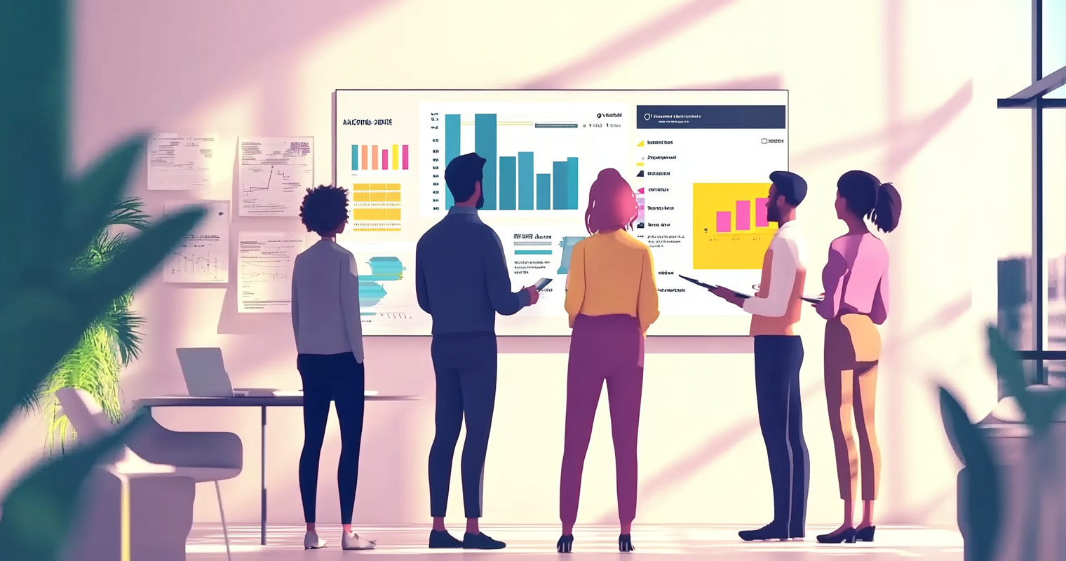 recvHIex94y1IWynI -  A marketing team gathered around an advanced AI dashboard, reviewing analytics data in a sleek, modern office environment_