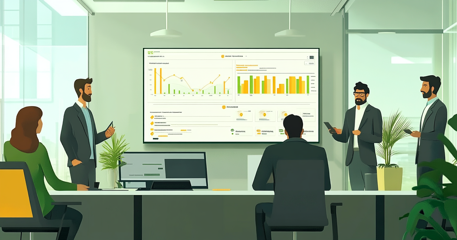 reczXEaIC2t2ZpmnQ -  A sales team watching a big dashboard screen showing lead rankings, powered by AI, in an open-plan office_