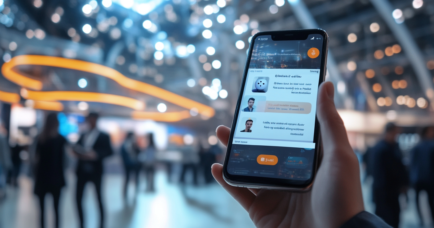 recgC1jgQ1g5BCrYf -  An interactive chatbot conversation on a smartphone during an event, helping an attendee with session suggestions, while lead data is getting captured in the background_