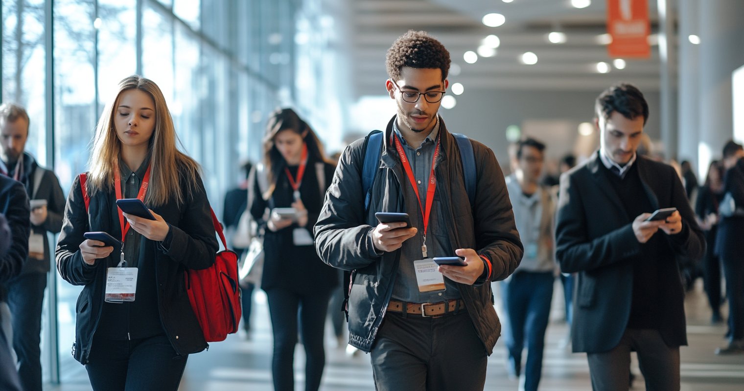 recgC1jgQ1g5BCrYf -  Event attendees walking through the registration process seamlessly using smartphones, guided by automated systems, in a modern conference environment_