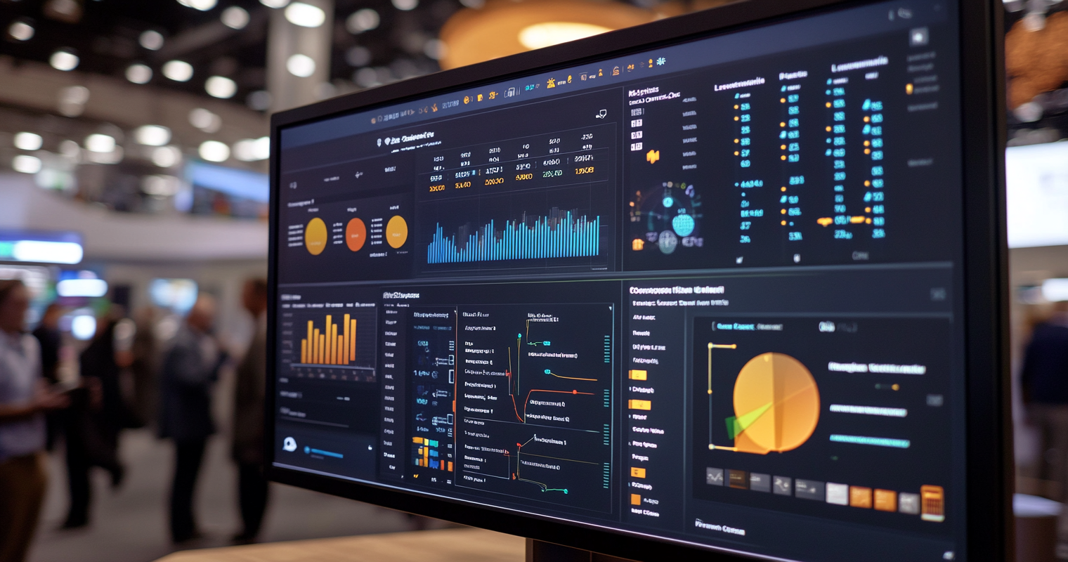 rec80MUCIEJJbbM8P -  A visual comparison of several AI tools on a smart dashboard interface, showcasing their lead capture and scoring features in real-time during an event_