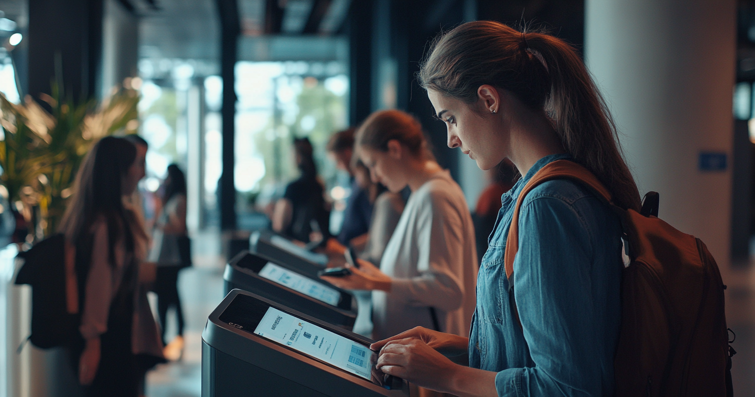 rectmeD7BWQ8Fw83L -  Conference attendees checking in using QR codes and AI-powered kiosks at the venue_