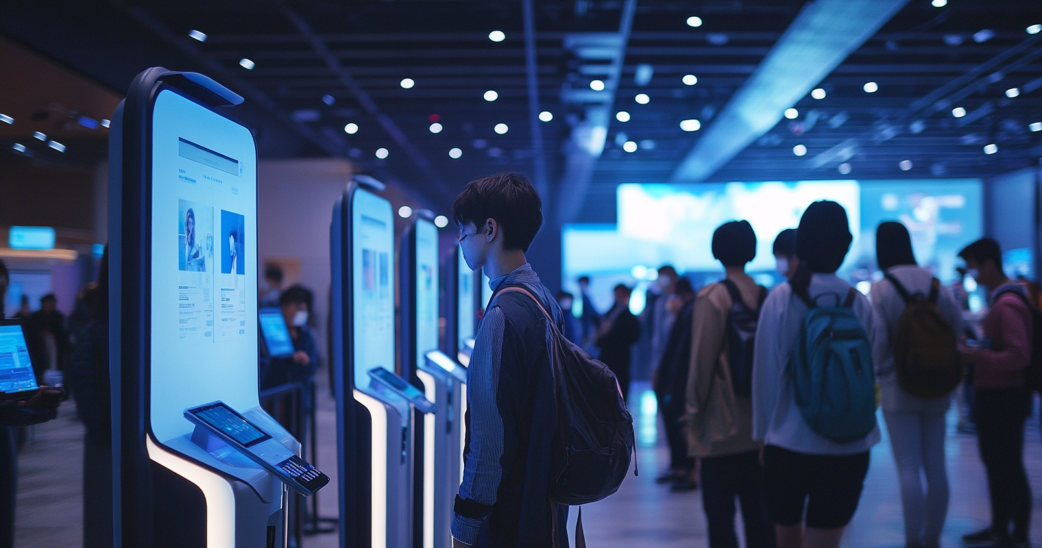 recao6rnlxmWozJap -  A line of attendees seamlessly checking in via facial recognition kiosks with an overarching display powered by AI_