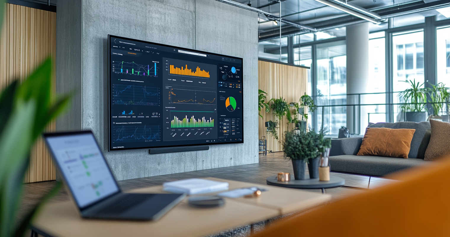 recao6rnlxmWozJap -  An event marketing dashboard powered by AI with analytics, timelines, and creative strategies displayed on a large screen_