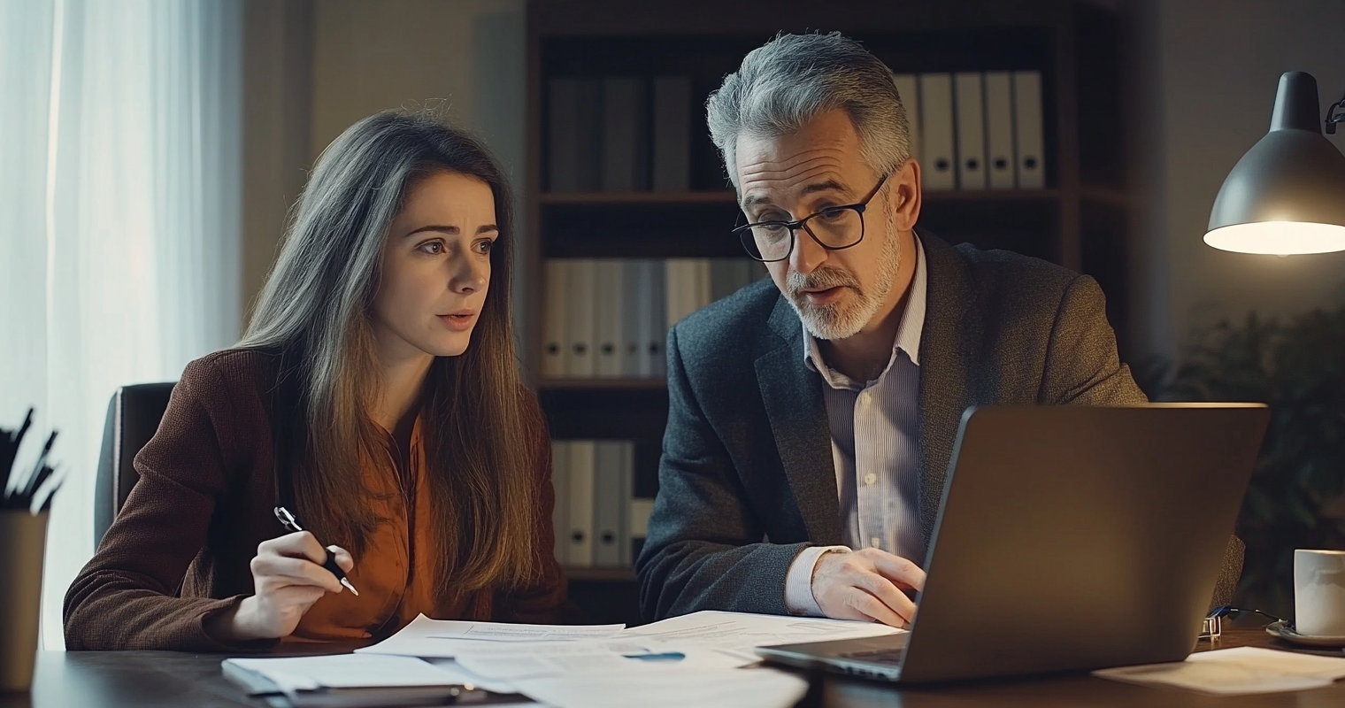 recgHNbZe5gROnjQs -  A lawyer advising a marketing manager in front of legal documents and a laptop displaying GDPR regulation resources — representing the legal landscape of outbound marketing_(1)