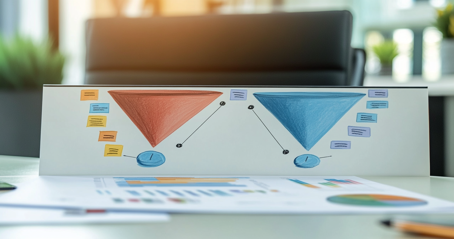 recgHNbZe5gROnjQs -  Graphic showing two overlapping marketing funnels, one powered by outbound strategies and the other by inbound, with conversion points clearly marked_