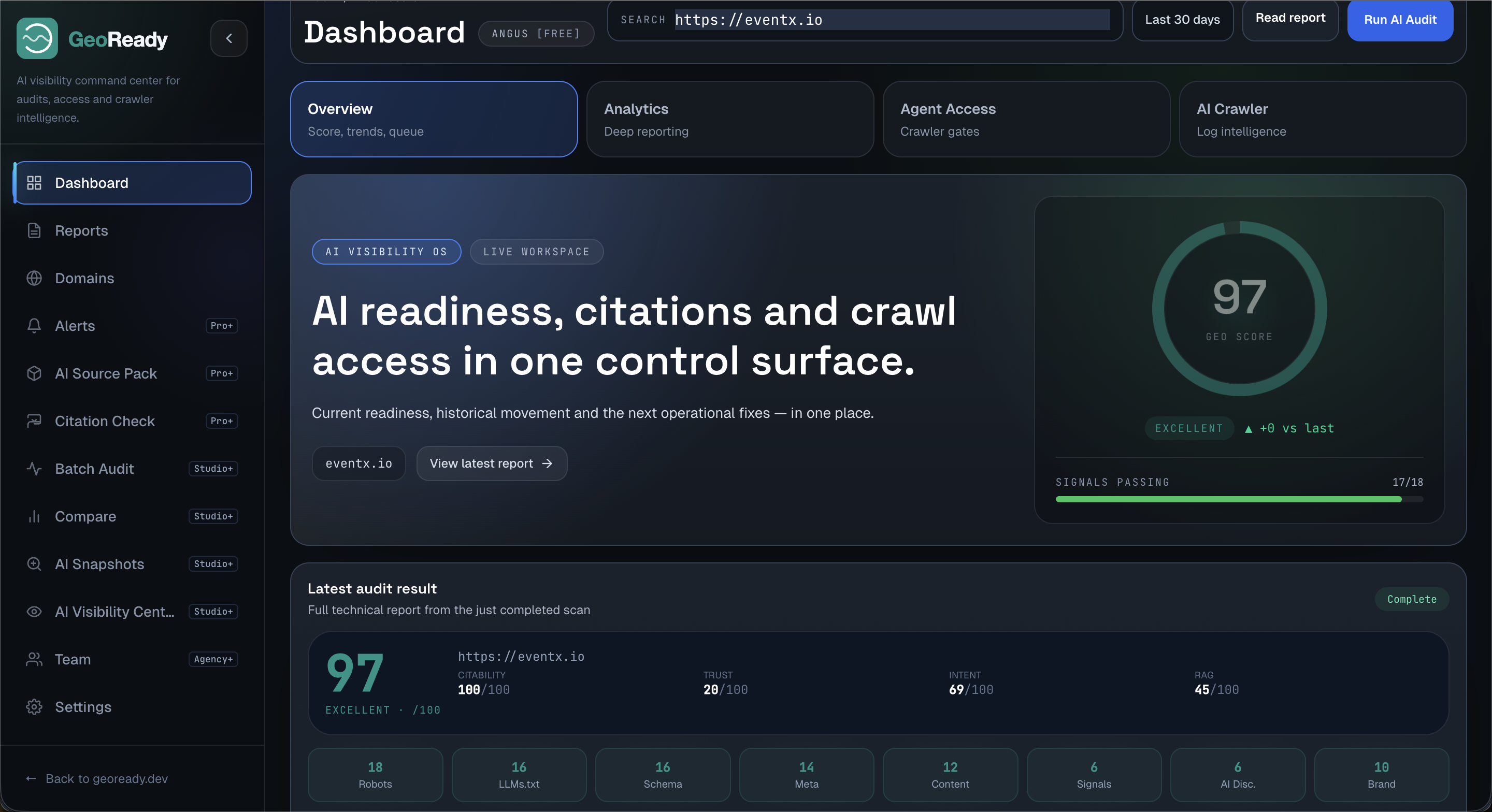 EventX GEO Ready score 97/100 on geoready.dev